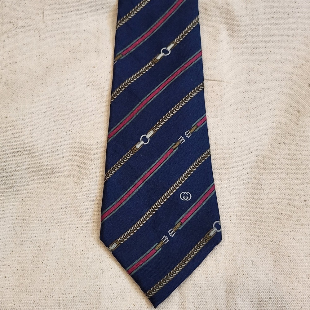 Vintage GUCCI Silk Necktie Navy Web Stripe Belt Rope Equestrian Tie Horsebit
